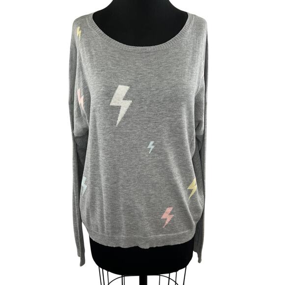 LE LIS Gray Heather Lightning Bolt Print Drop Shoulder Scoop Sweater Pullover L - Picture 1 of 6